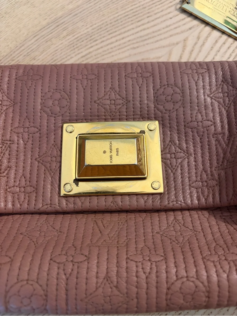 Louis Vuitton Mauve Taupe Leather Monogram Clutch with Gold Mirror